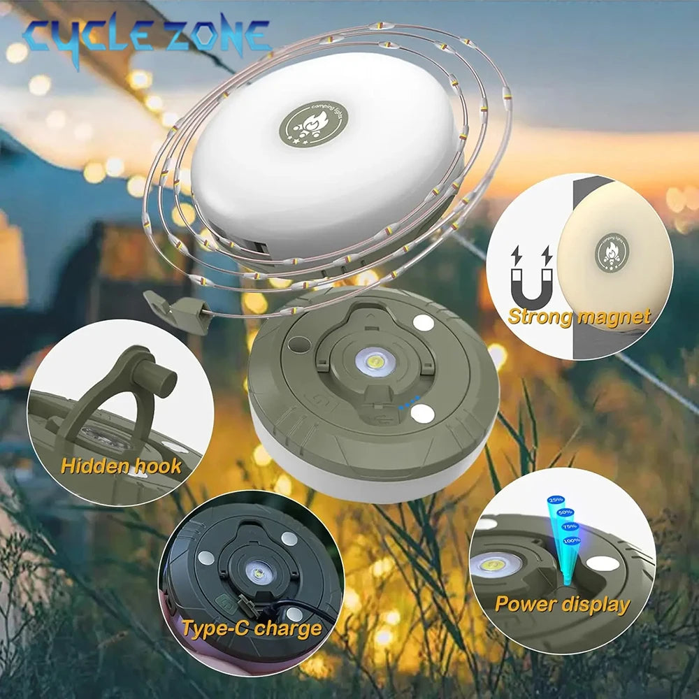 LED Camping Lamp with Reel Strip Light Atmosphere Lights 10M Recyclable Light Belt Outdoor Garden Decoration Lamp for Tent Room
